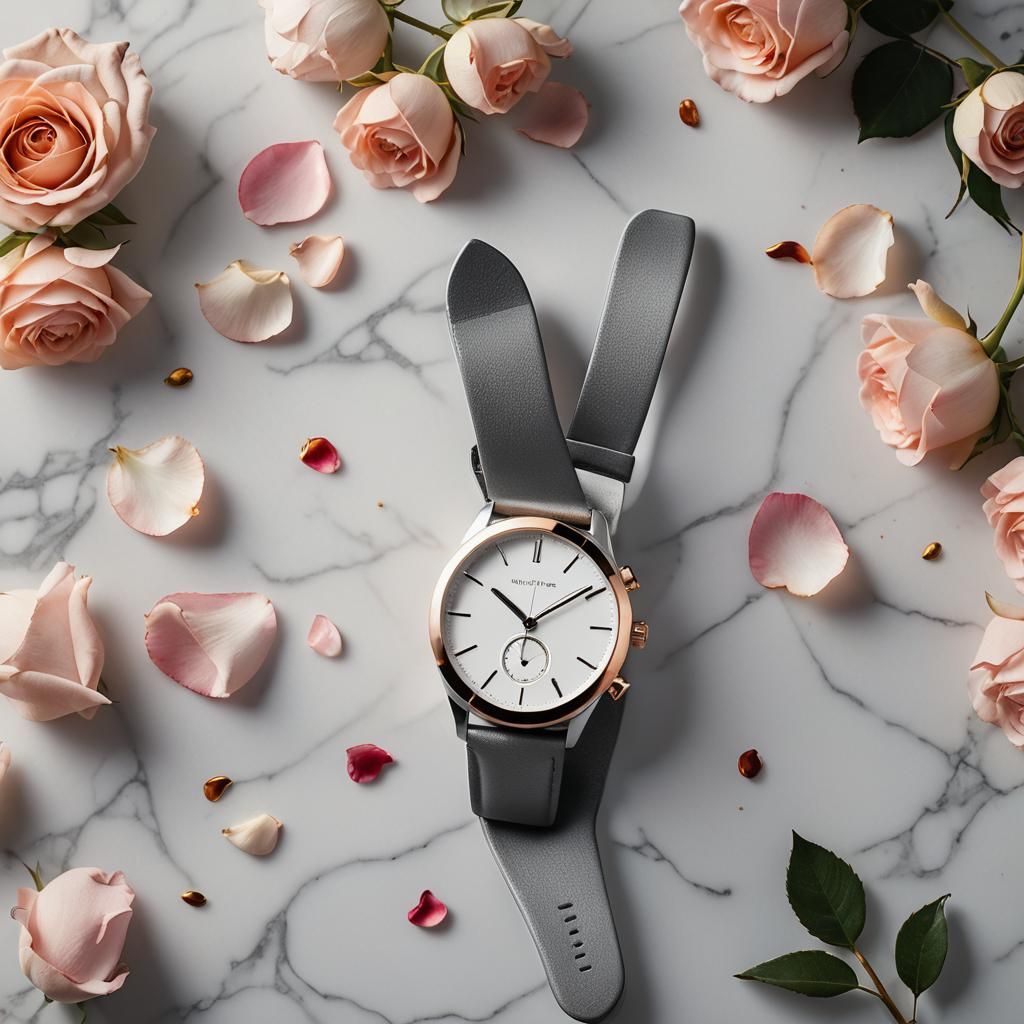 Silver Smartwatch Advertisement with Rose Petals