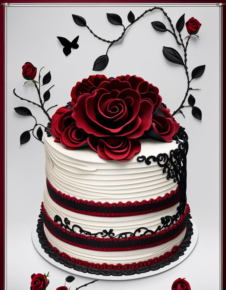 Black Cake with Red Roses and Emerald Details