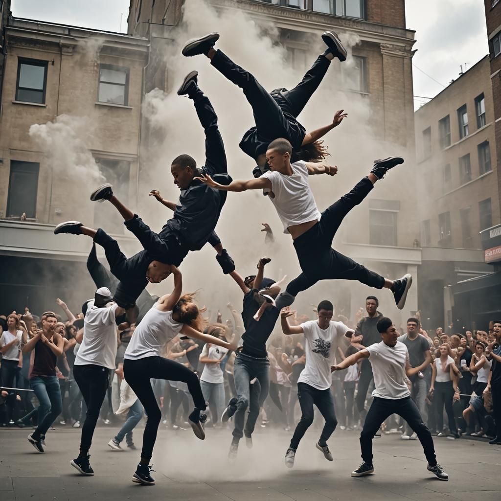 Dynamic Street Dance Battle in Urban Setting
