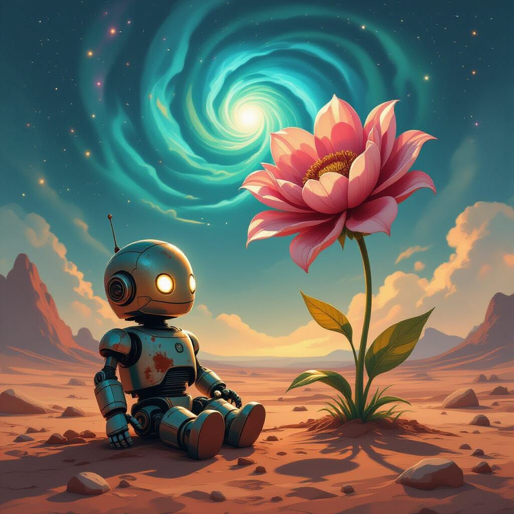 Forgotten Robot on Alien Planet with Giant Flower