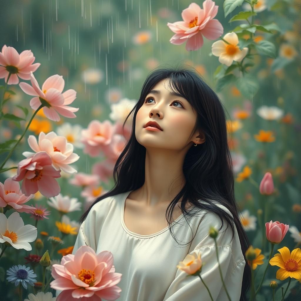 Serene Woman in Lush Garden, Dreamy Ethereal Style