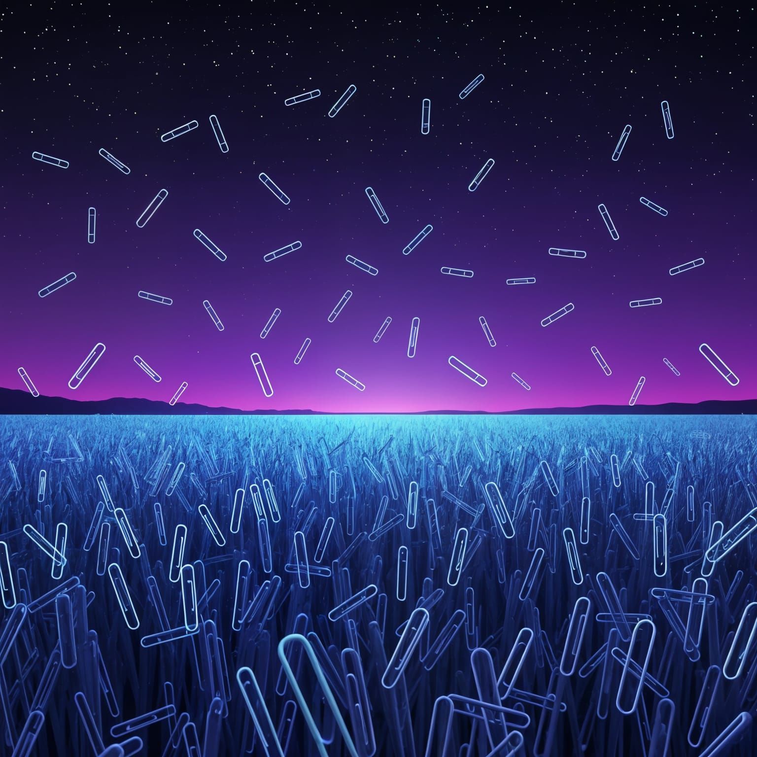 Neon Paperclips Invade Field Under Starry Sky