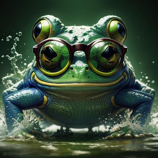 Frog with Glasses in Hyperrealistic Splash Art