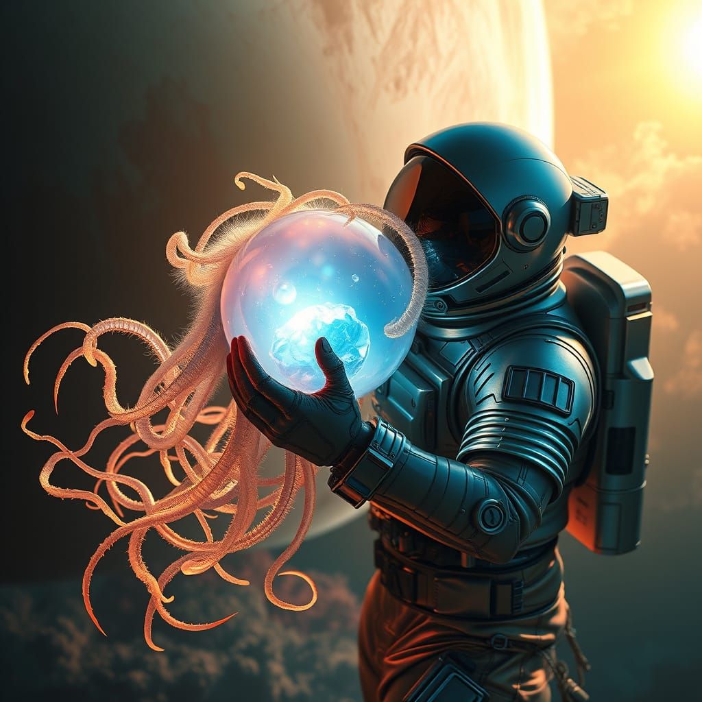 Ethereal Jupiter Creature Engages Astronaut in Cosmic Combat