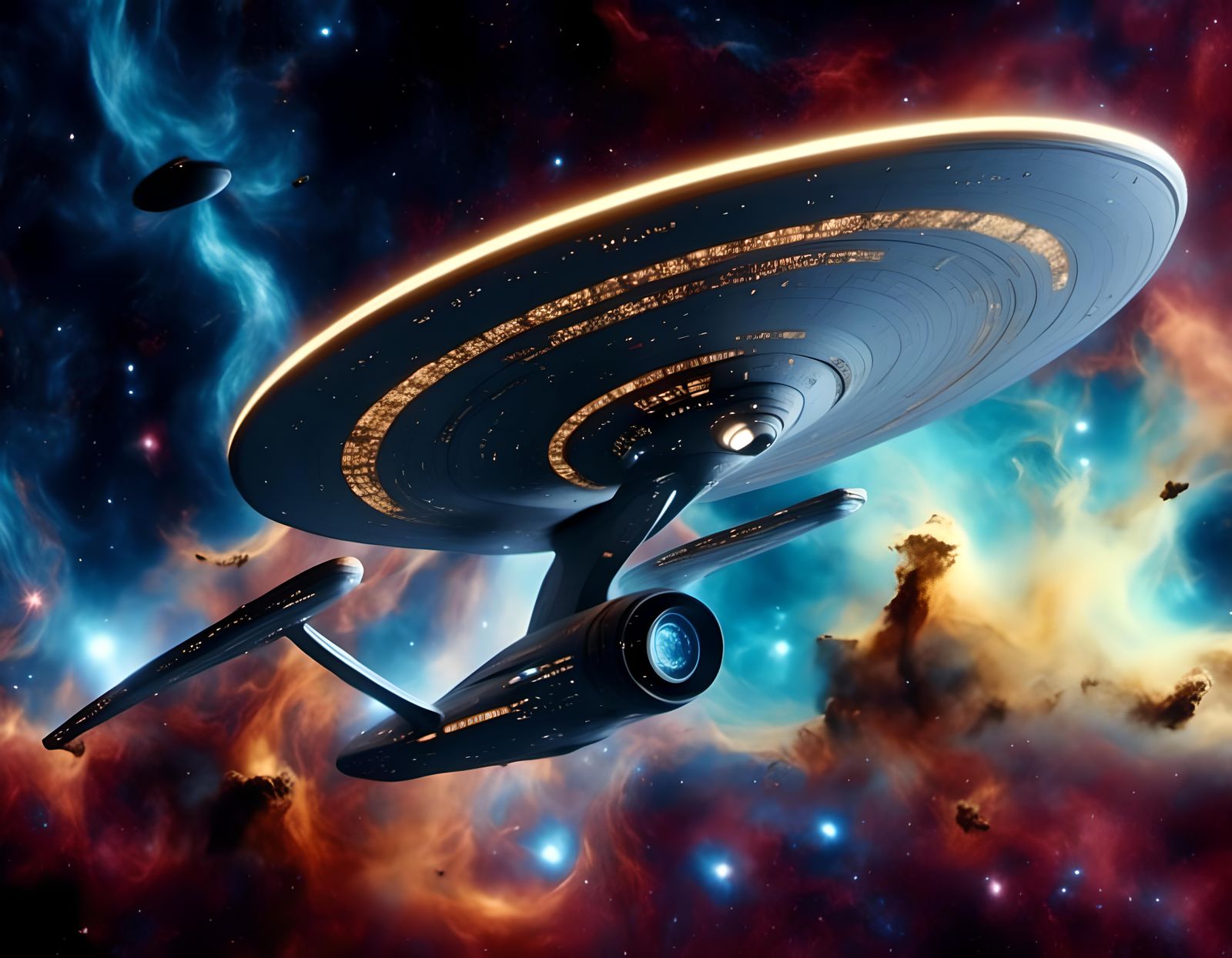 Starfleet Ship Navigates Giant Nebula in Space