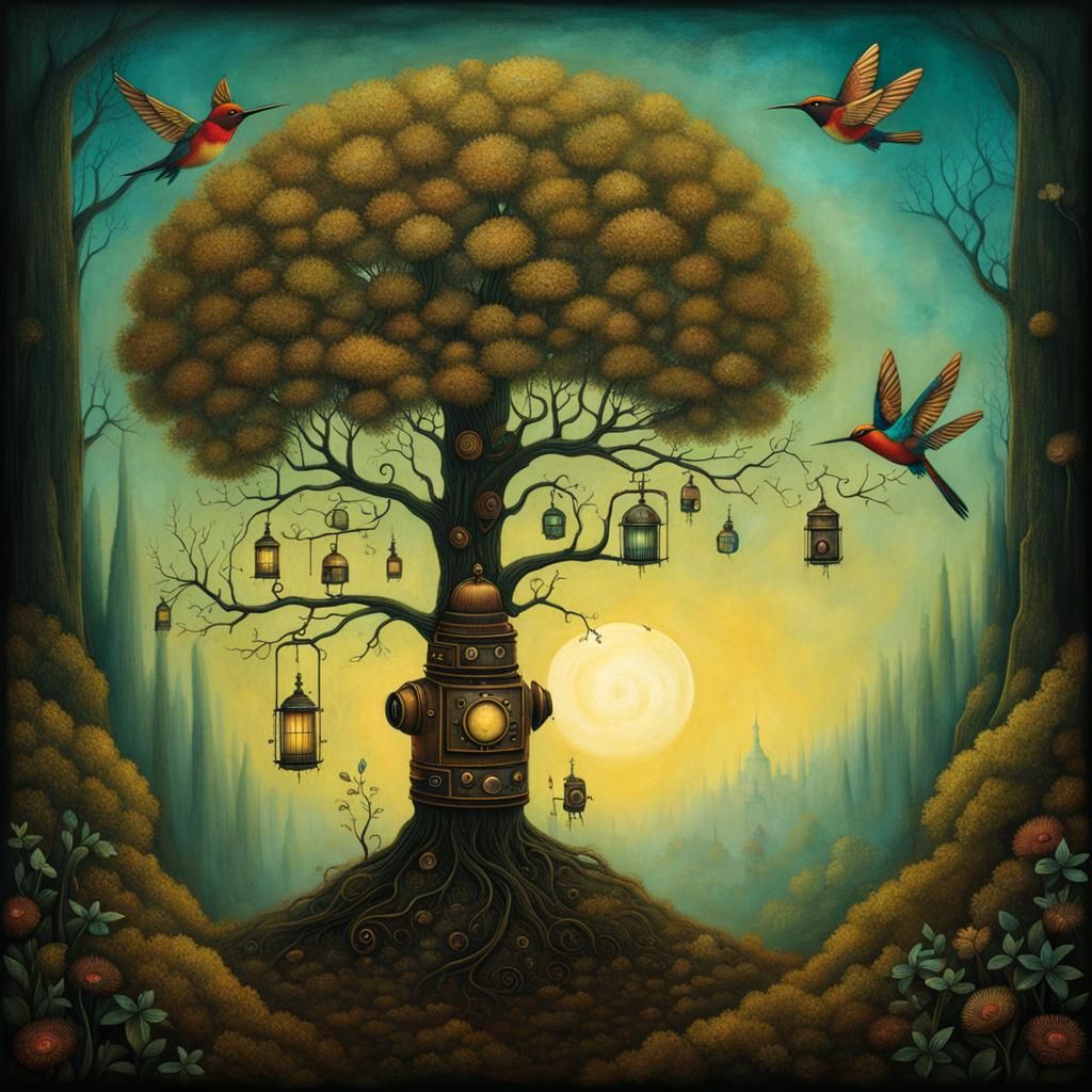Steampunk Robot and Hummingbirds in Surrealist Style
