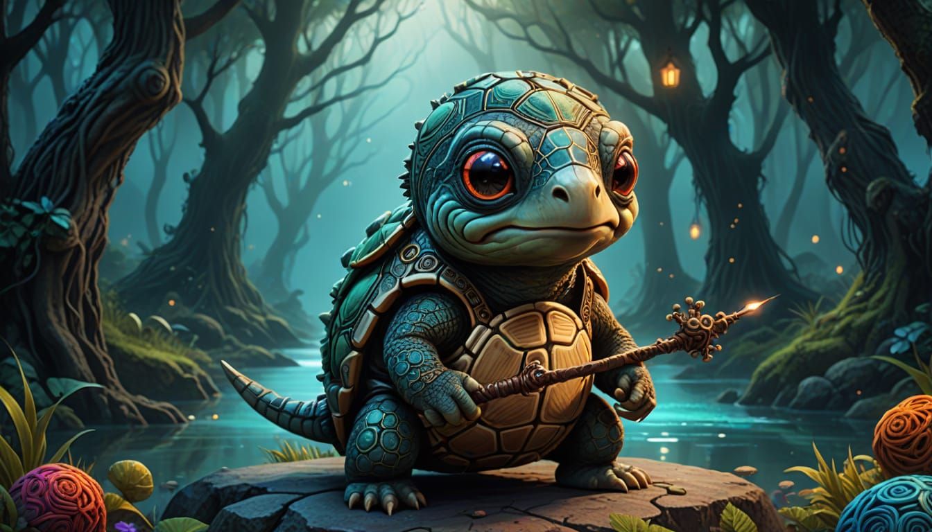 Singing Turtle with Mohawk in Whimsical Fairytale Scene