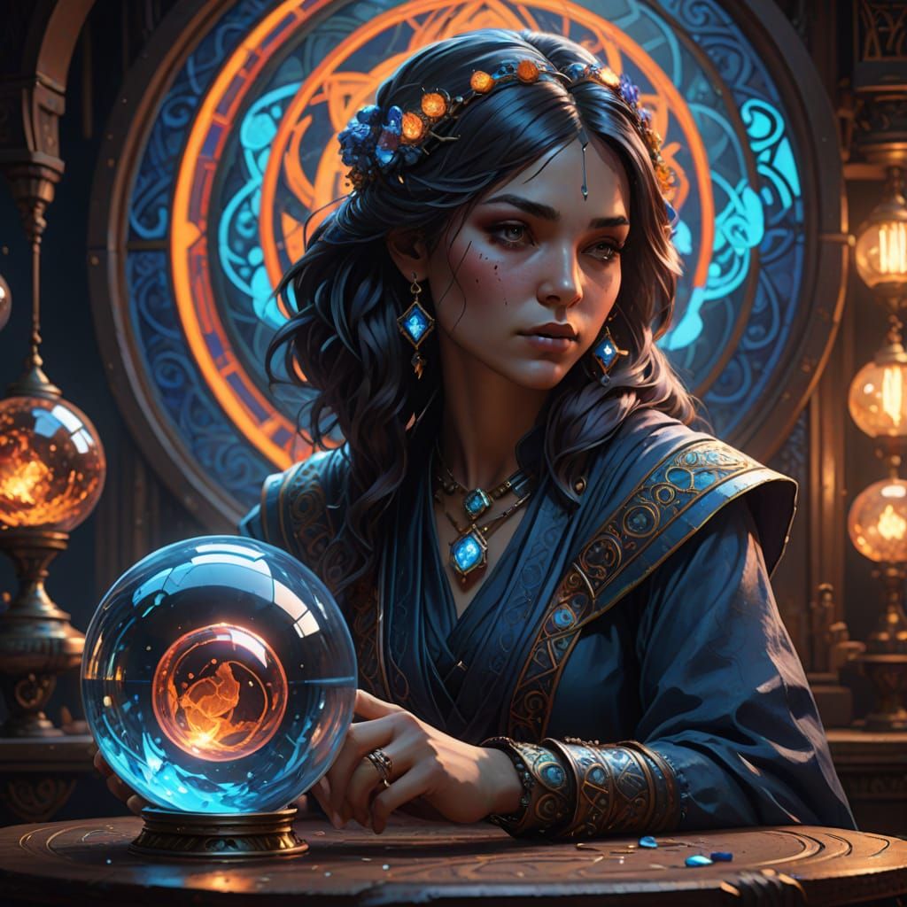 Mysterious Fortune Teller Gazing into Glowing Glass Ball
