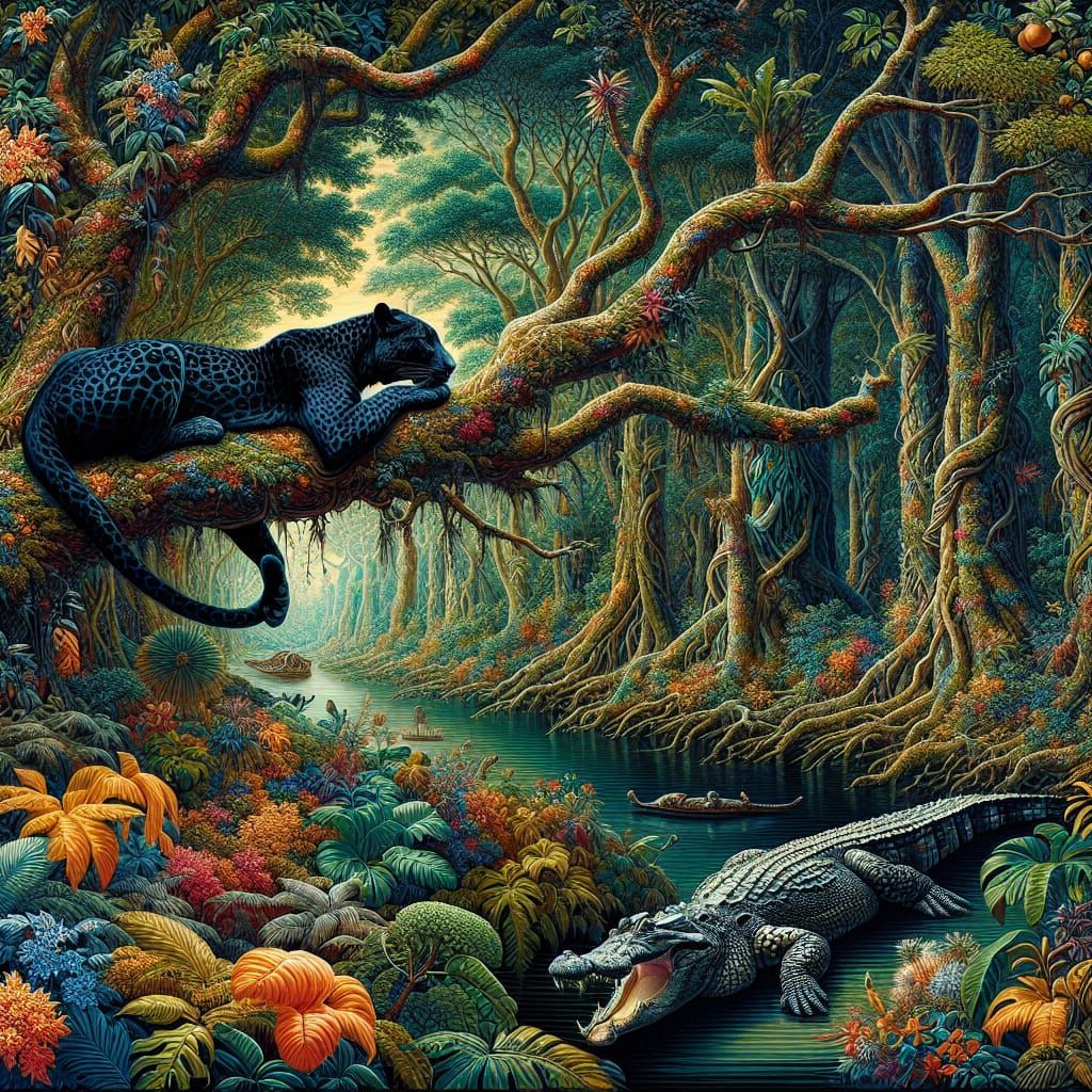 Tropical Forest with Leopard in Vivid Fauvism Style