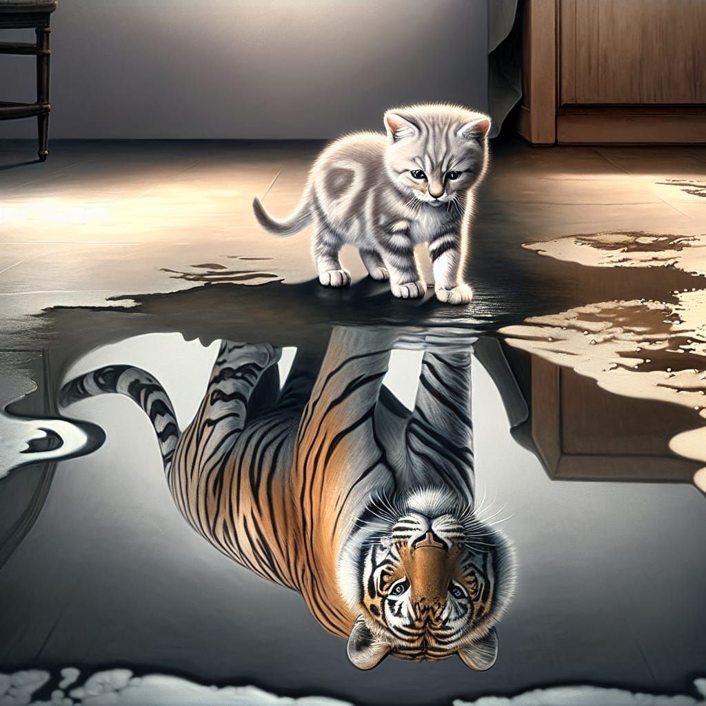 Kitten's Tiger Reflection: A Digital Painting