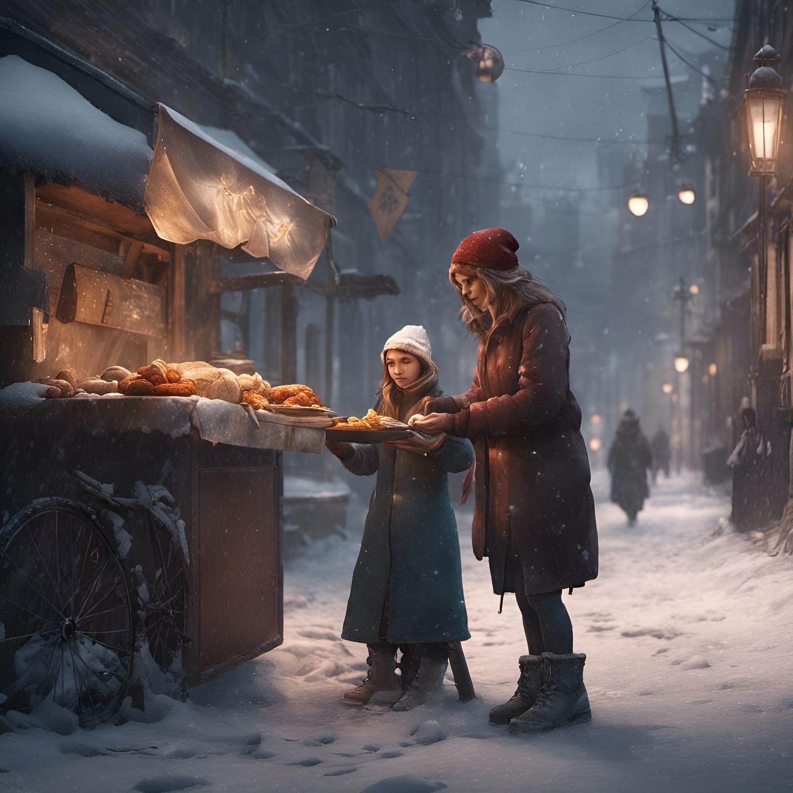 Girl Offers Food to Homeless Woman: Fantasy Art