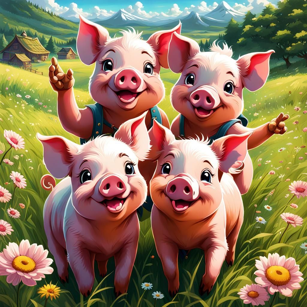 Anthropomorphic Pigs Waving in Anime Style