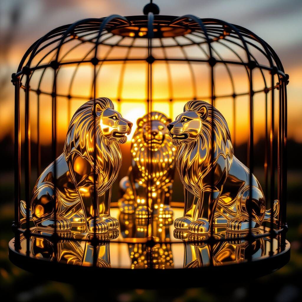 Glass Lions Barking in Golden Hour Light