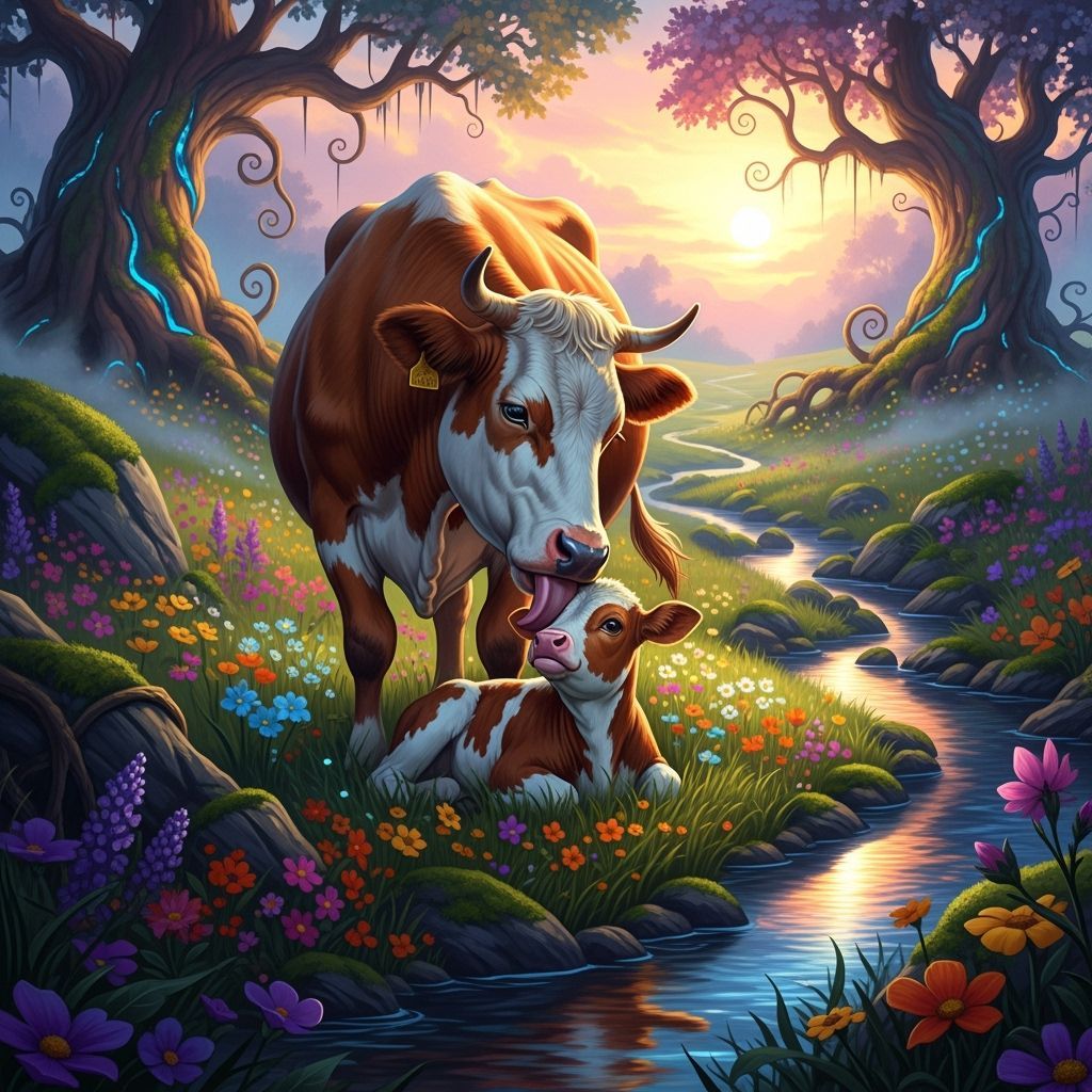 Gentle Cow Nurtures Calf in Lush Meadow
