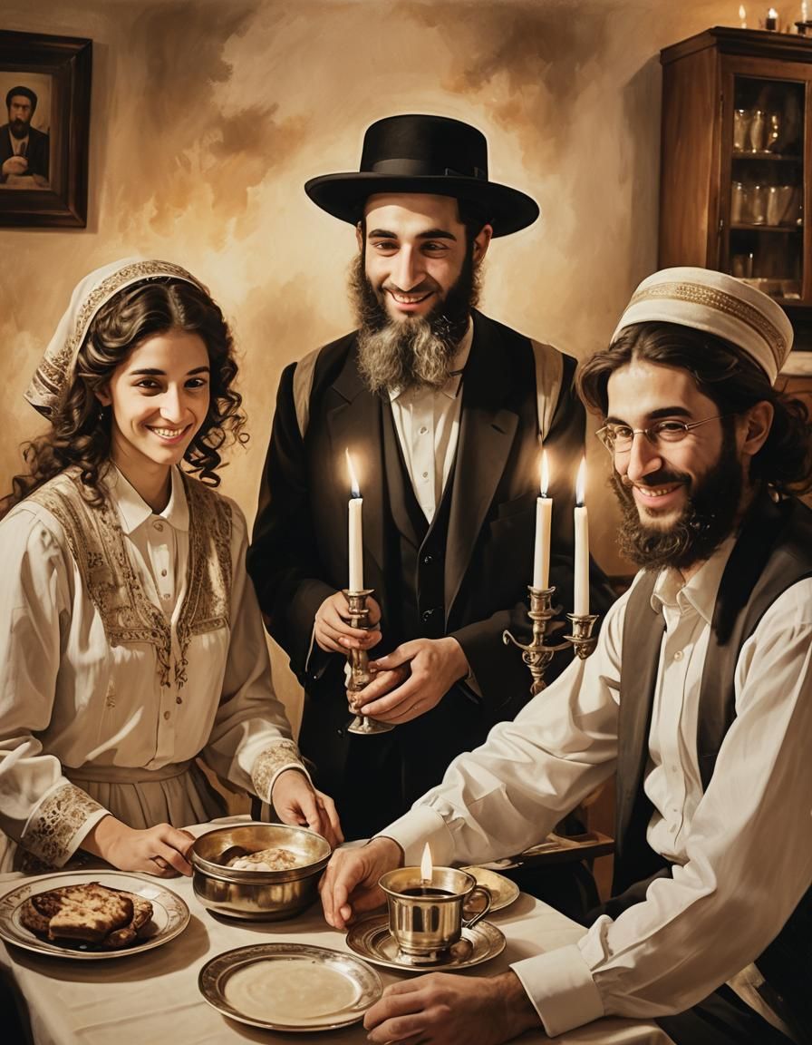 Hasidic Family Shabbat Kiddush in Golden Light