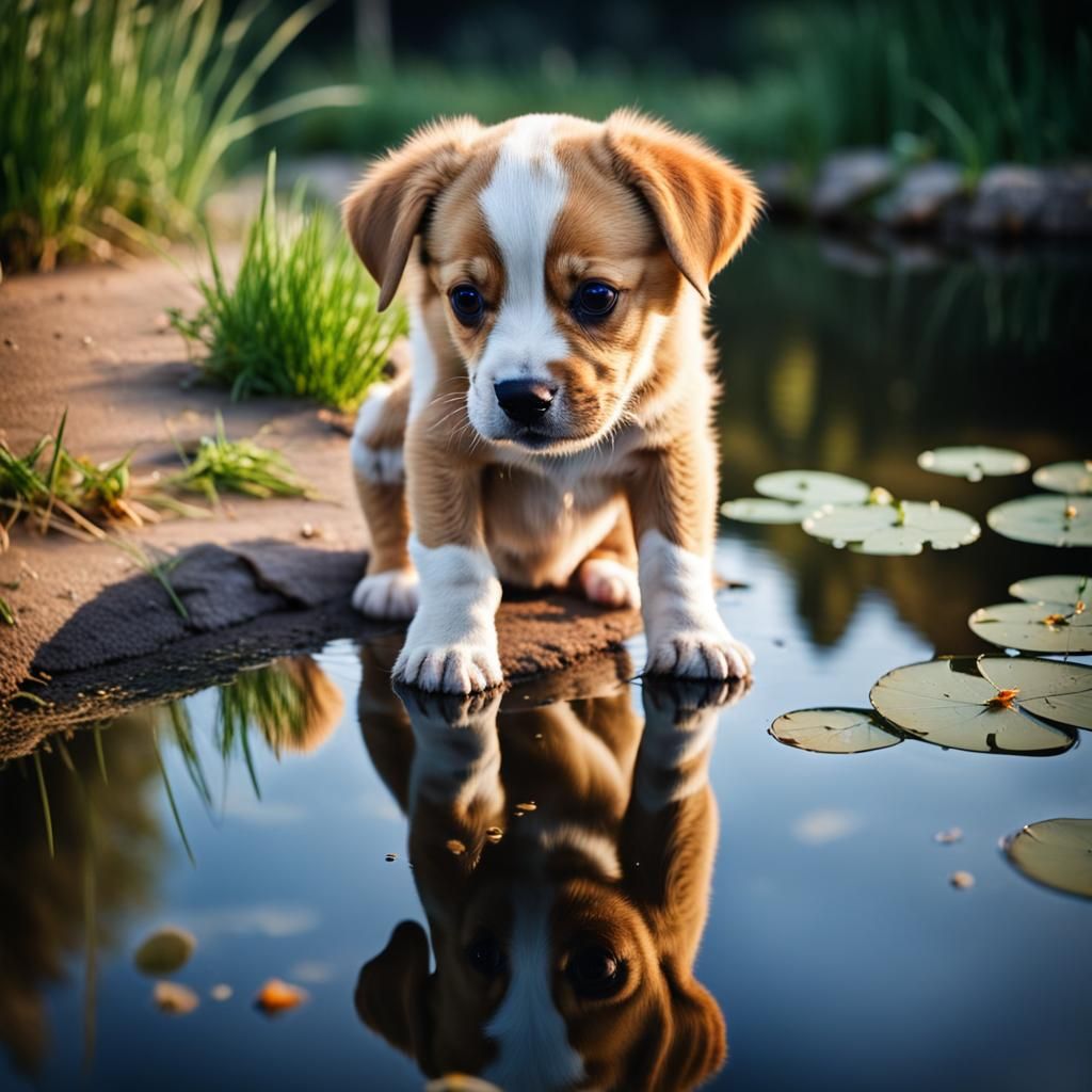 Cute Puppy and Pond Reflection Photo