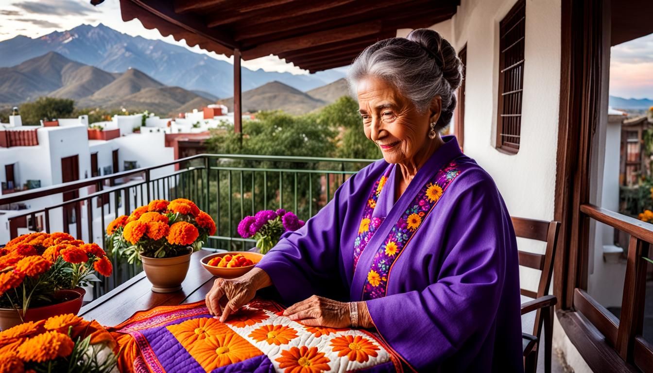 Doña María Quilting with Marigolds and Pumpkin Blossoms