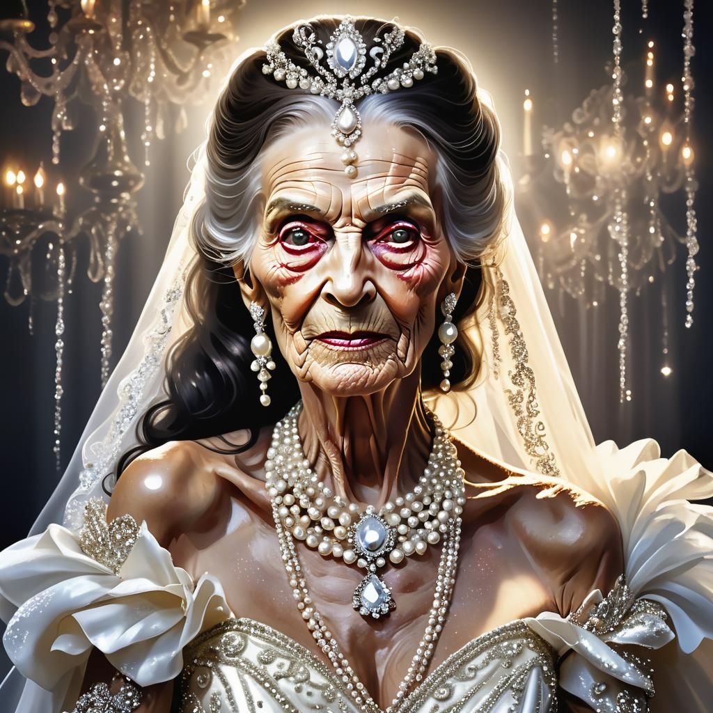 Elderly Transvestite in Wedding Dress, Hyper-Realistic Portr...