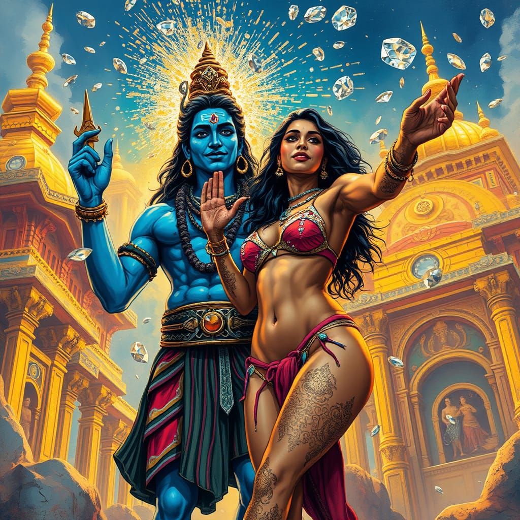 Sci-Fi Indian Woman and Shiva Throw Diamonds Graffiti Art