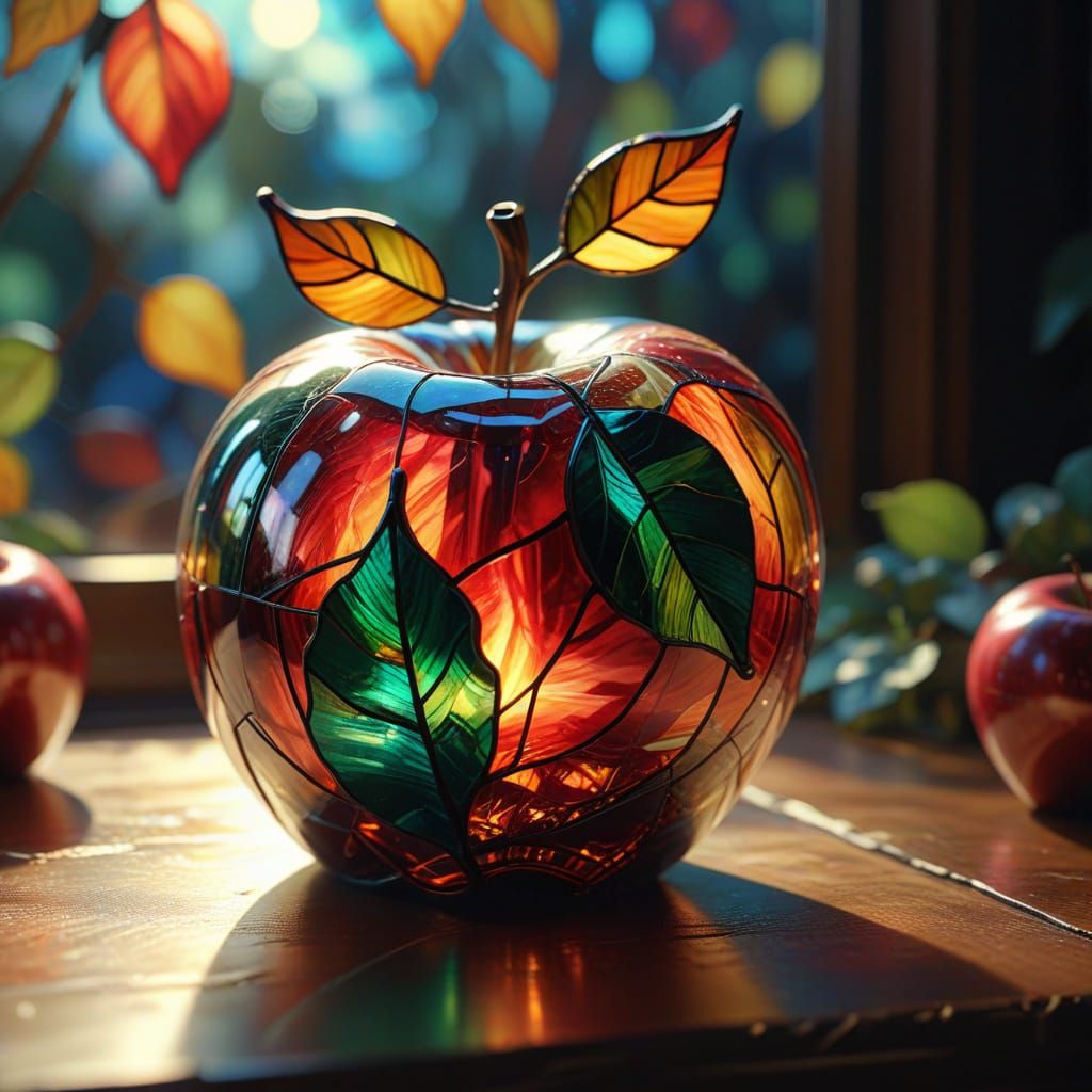 Stained Glass Apple in Vibrant Oil Painting Style