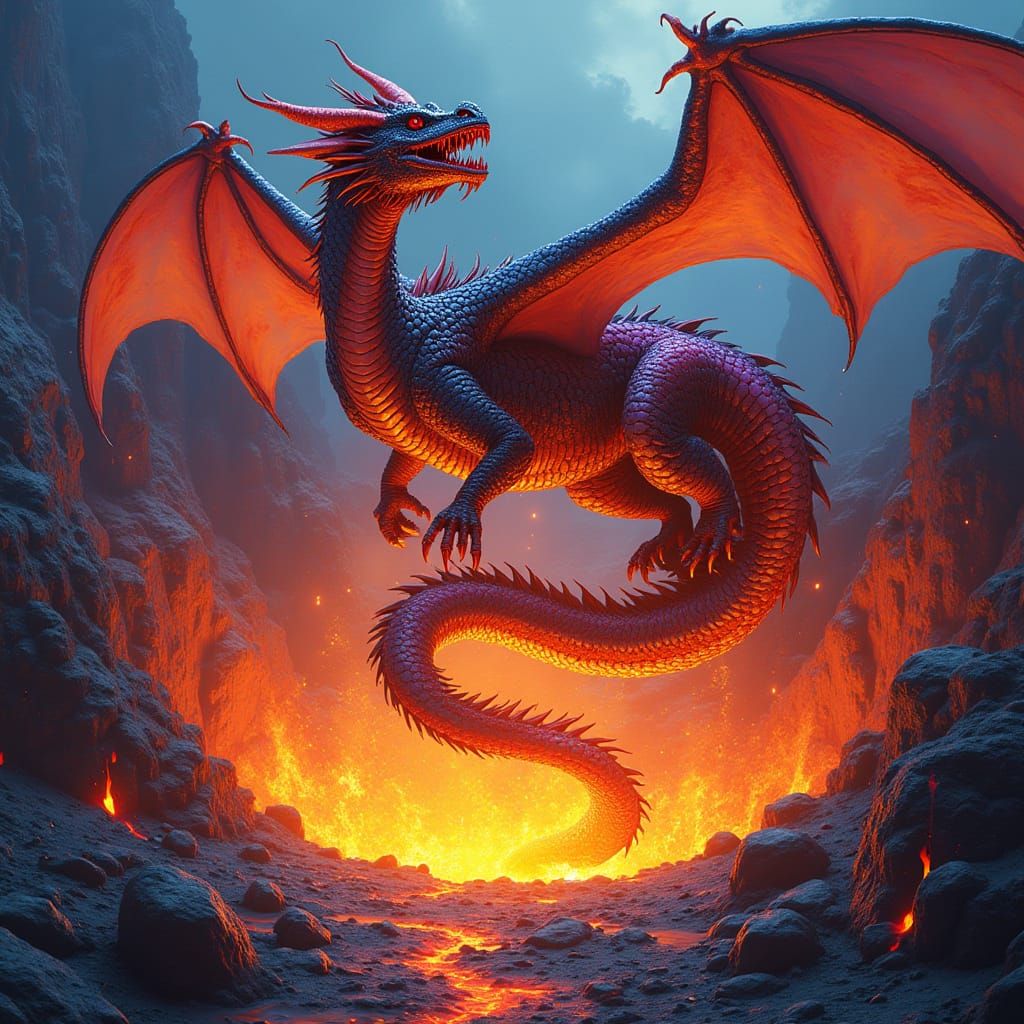 Majestic Fiery Dragon in Volcanic Crater, Graffiti Art Style