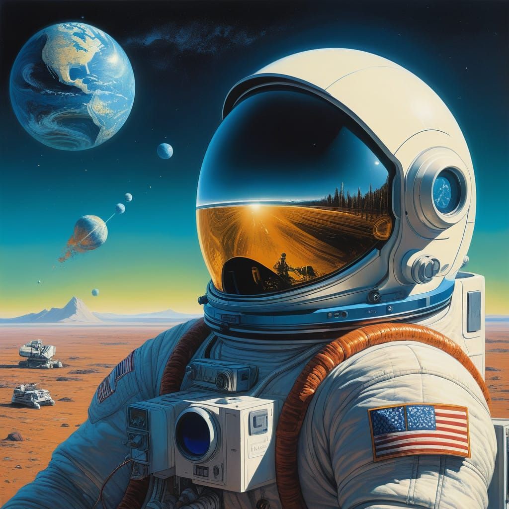 Astronaut Gazing Down at Earth from Space in Futuristic Styl...