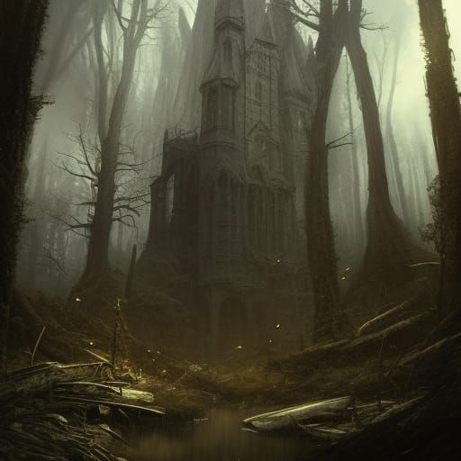 High Gothic Witchcraft in Dark Forest, Digital Art