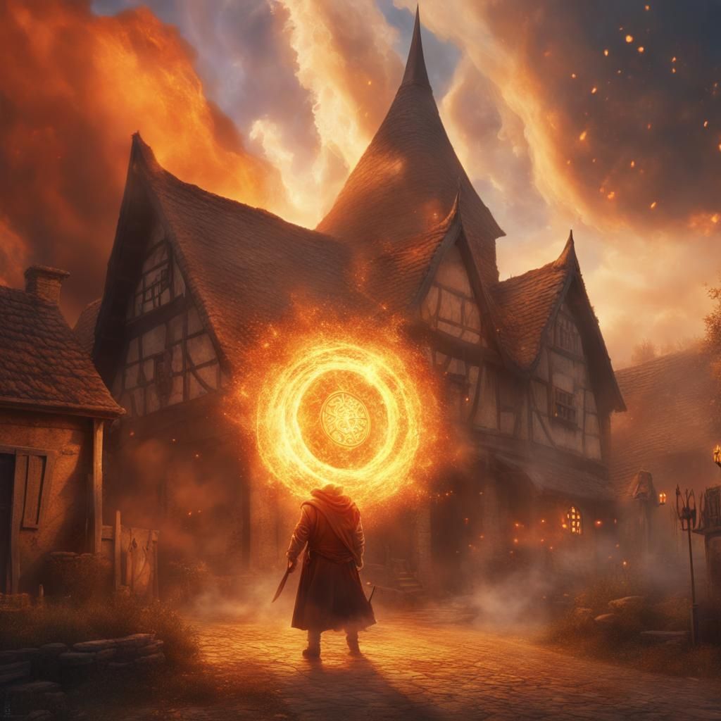 Grand Mage Casts Shield Against Fireball, Fantasy Illustrati...