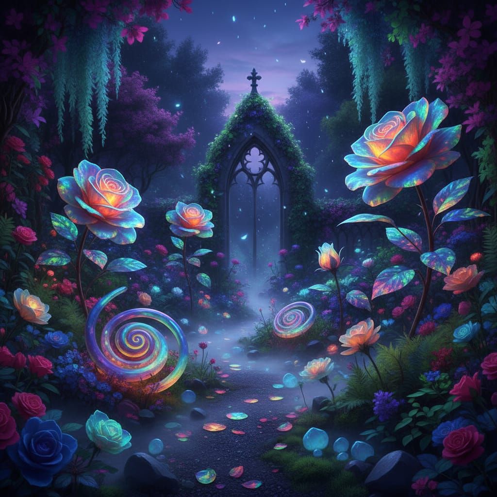 Crystallized Rose Sculptures in a Magical Garden