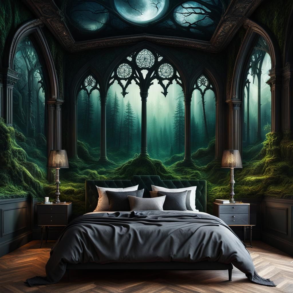 Gothic Bedroom with Forest Murals: Digital Matte Painting