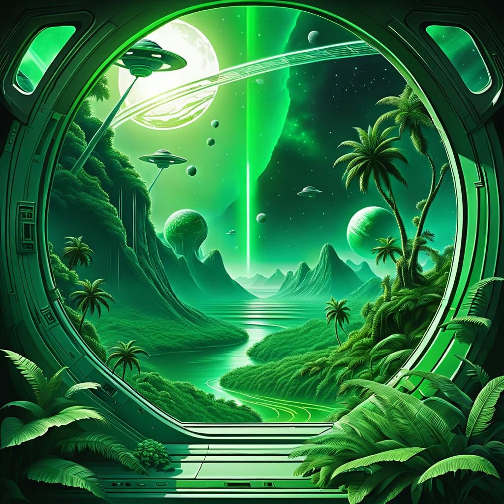 Jungle Planet with Green Energy Waves and Visiting Aliens
