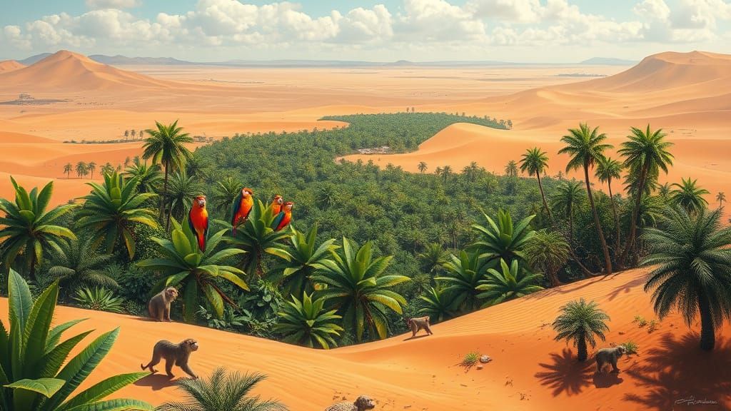 Lush Rainforest Thriving in Barren Desert, Surrealist Style