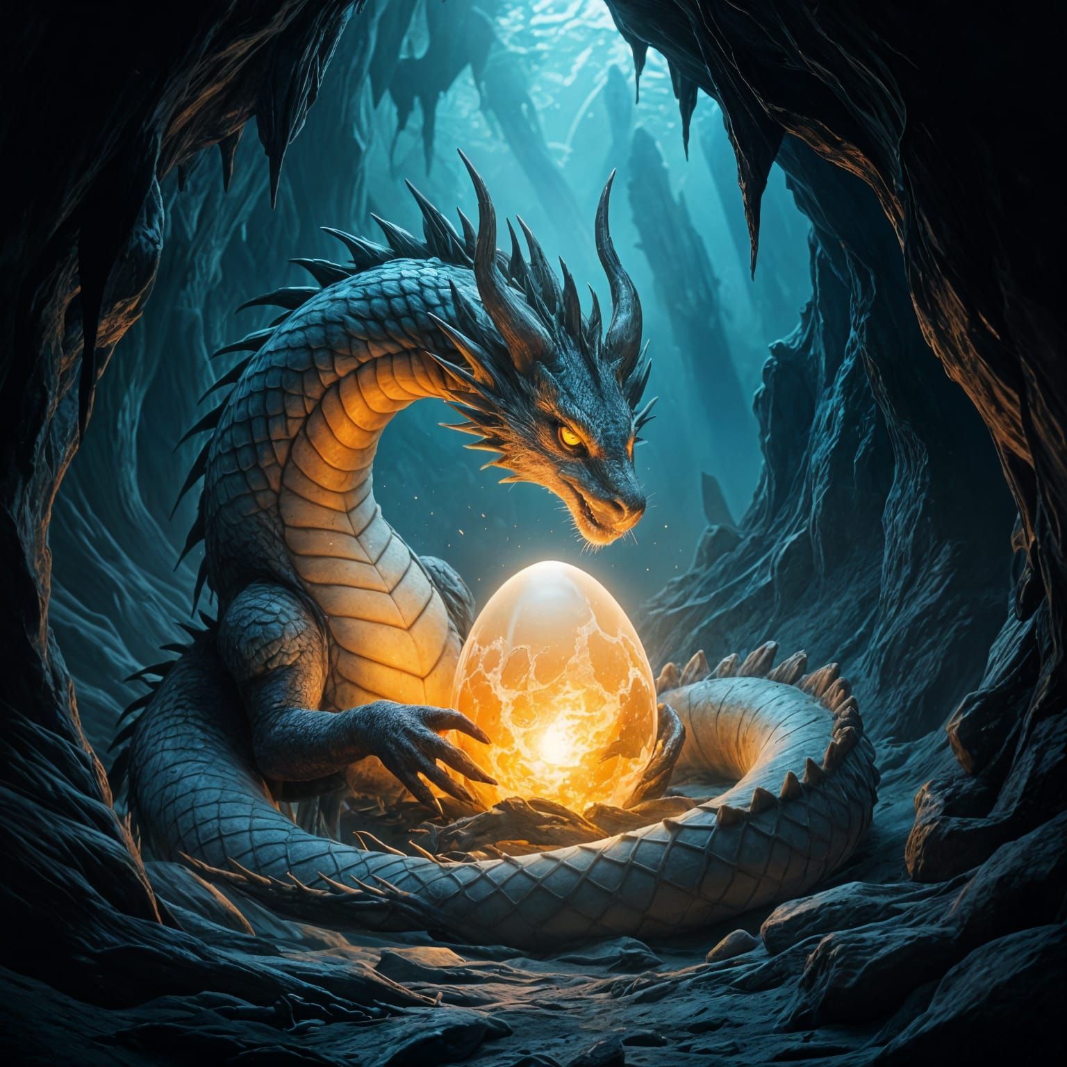 Ancient Dragon Guards Ethereal Egg in Obsidian Cavern