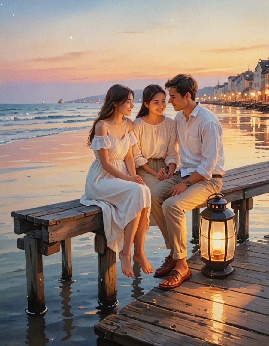 Romantic Seaside Bonfire in Ghibli Watercolor Style