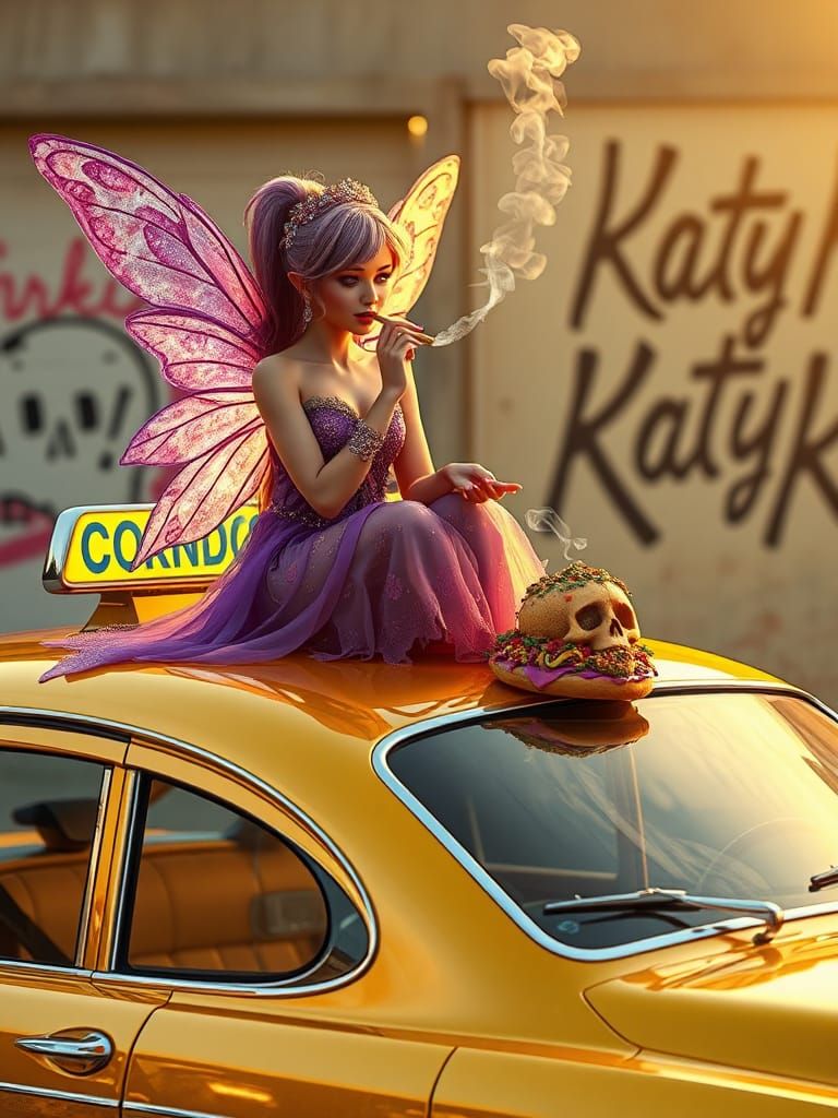 Fairy Smoking Weed Atop Gold Taxi Car
