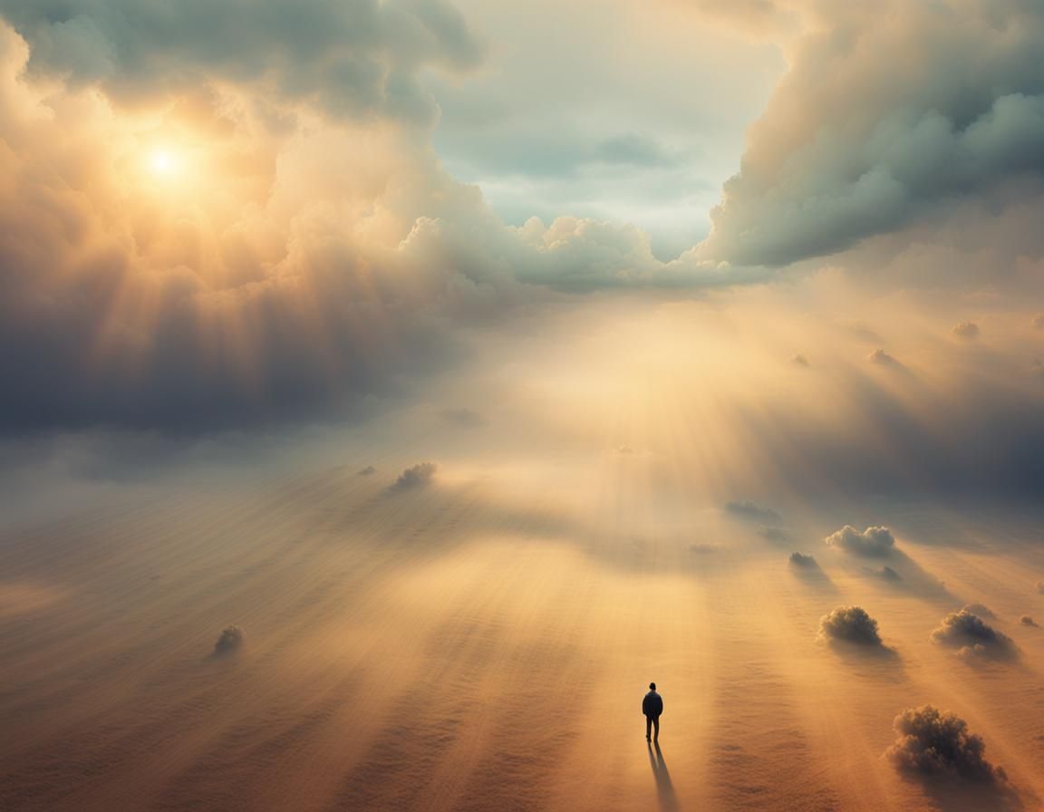 Ethereal Figure in Golden Surreal Landscape