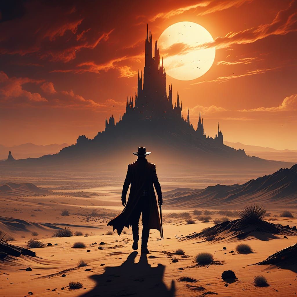 Lone Gunslinger Approaches The Dark Tower in Bleak Desert
