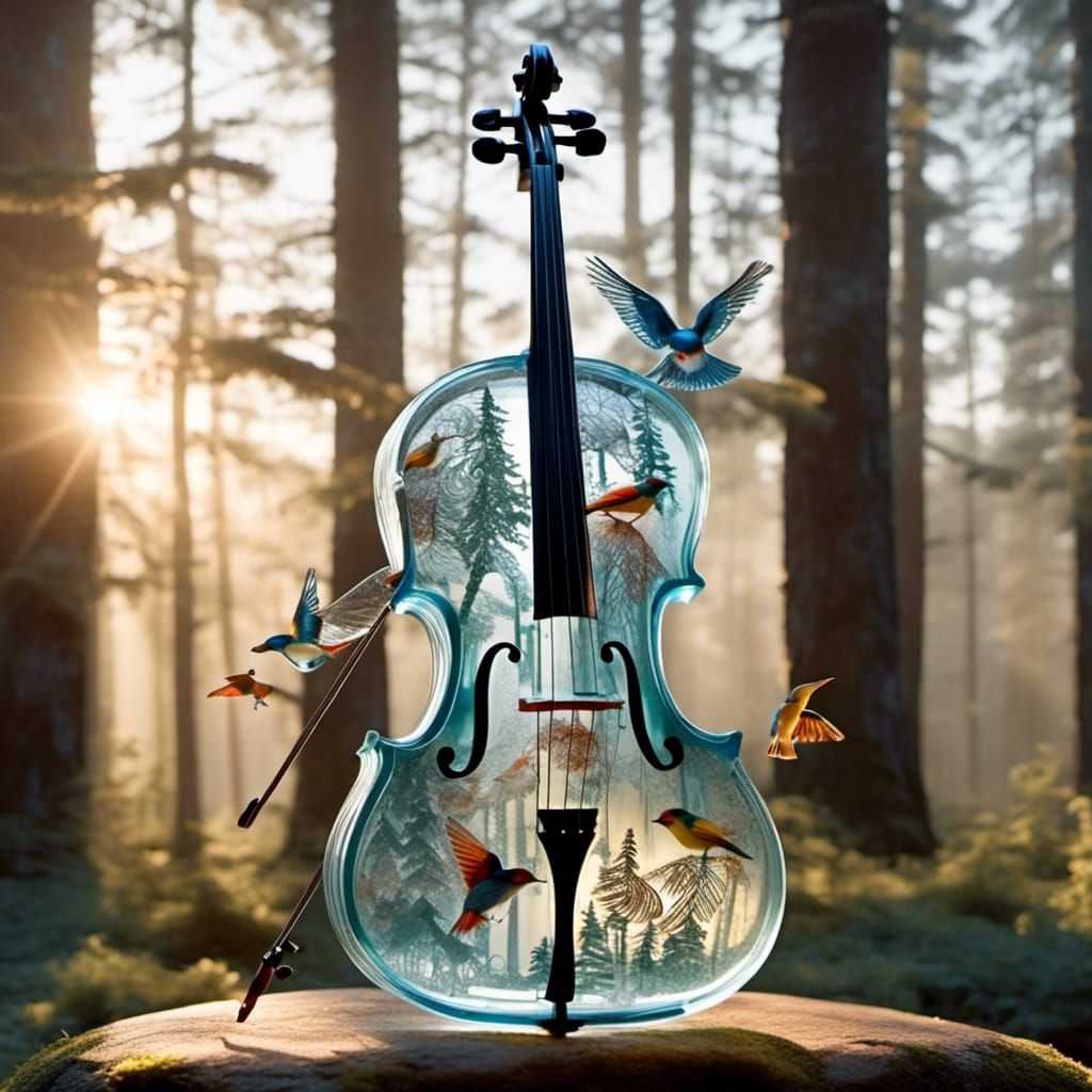 Glass Cello with Songbirds in Morning Forest