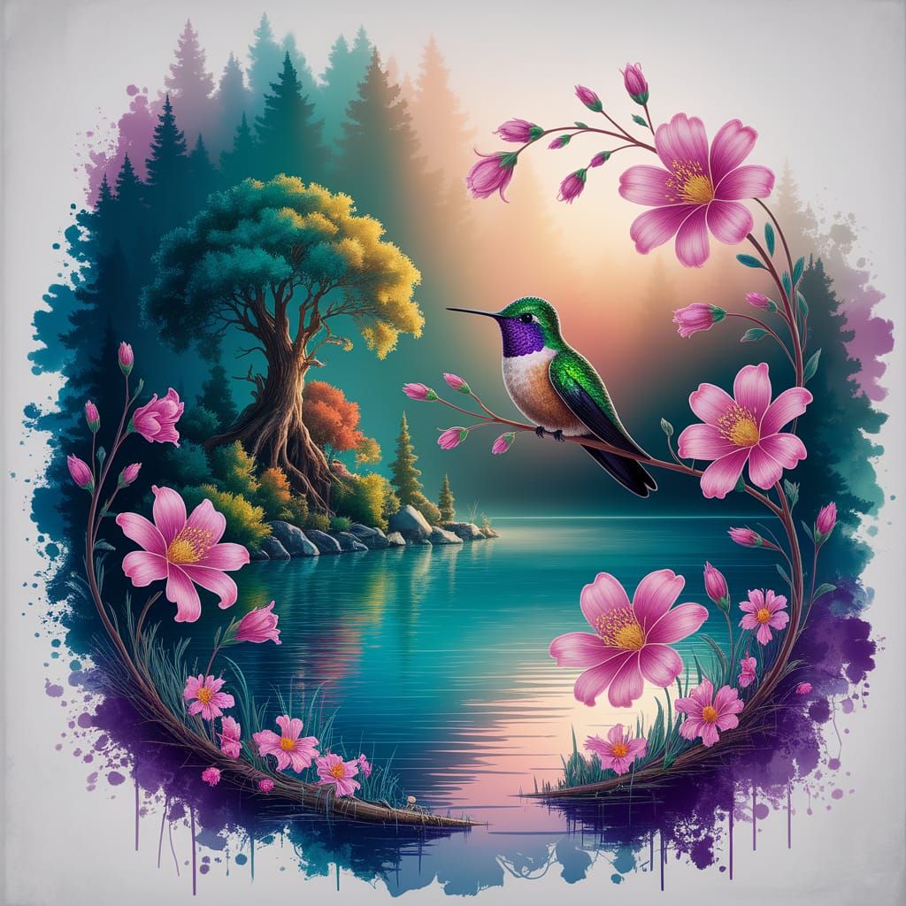 Hummingbird Amidst Magical Forest and Lake in Watercolor Sty...