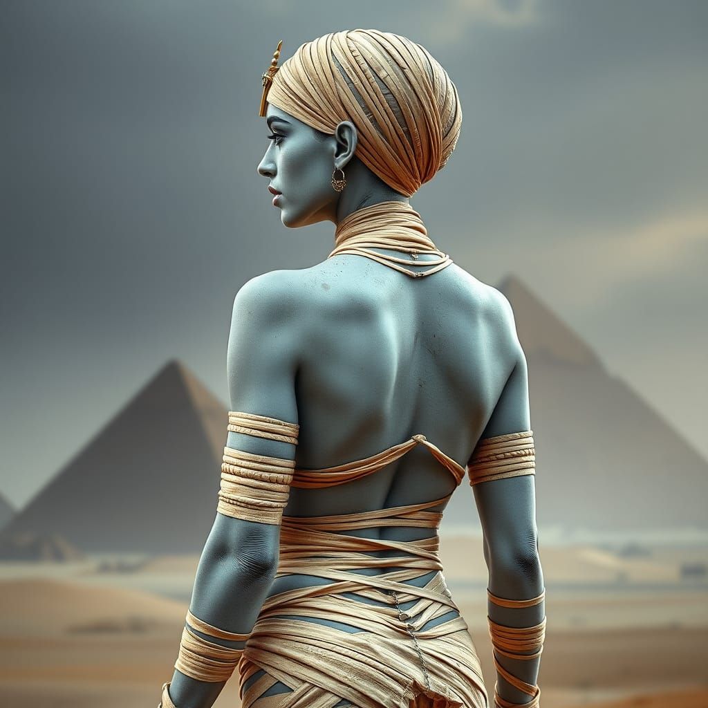 Elegant Pharaoh Mummy Goddess in Papyrus Bandages with Hip H...