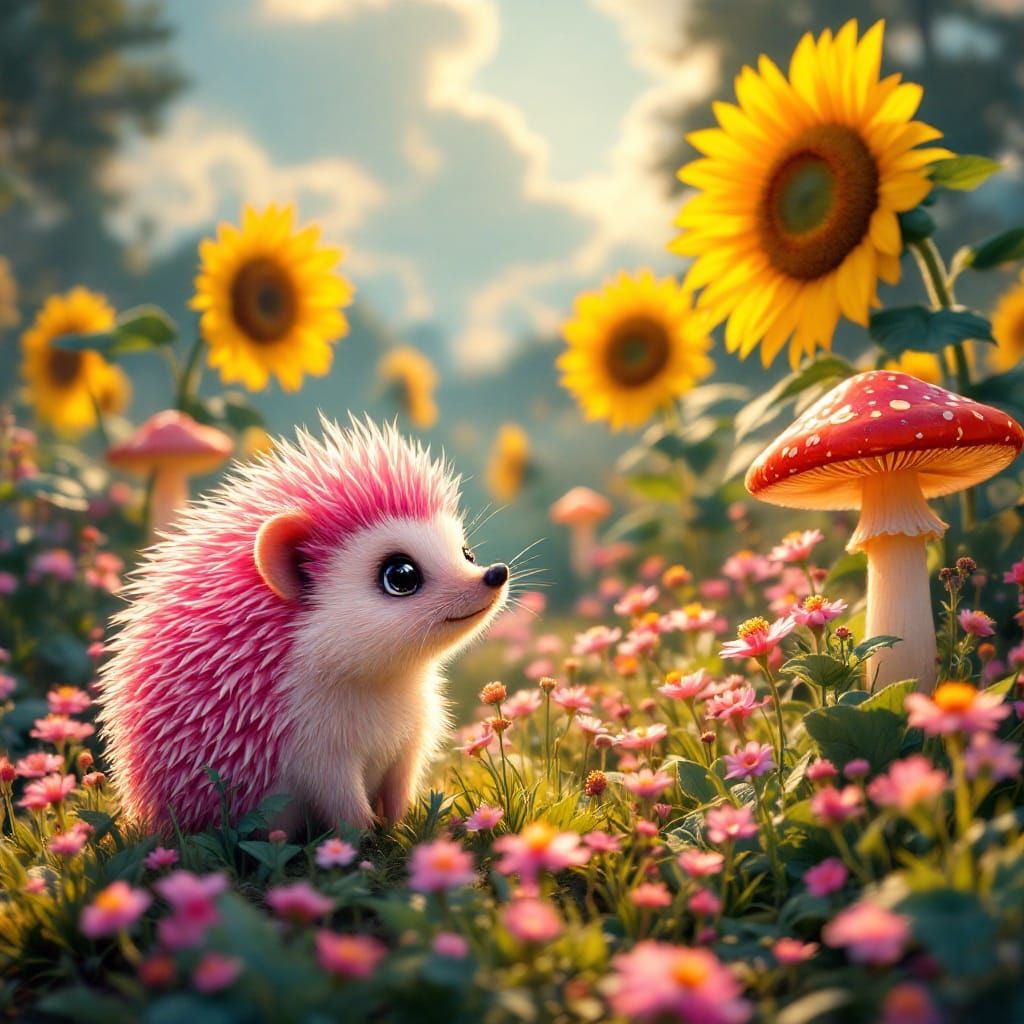 Vibrant Pink Hedgehog in a Fantastical Field of Sunflowers a...