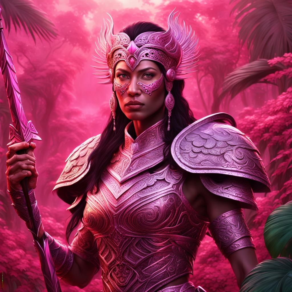 A tall, powerful Amazon warrior with pink metallic armor etc...