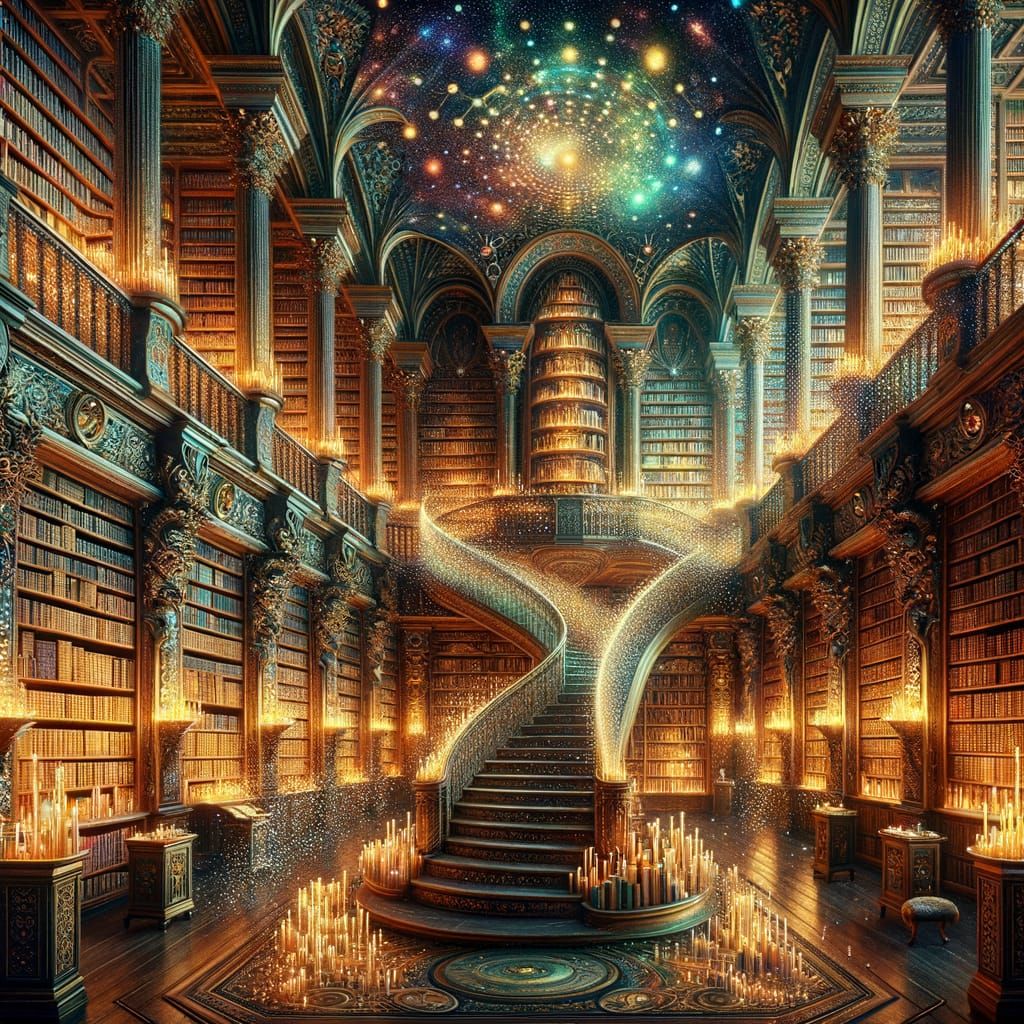 Whimsical Library of Glowing Tomes and Celestial Wonder