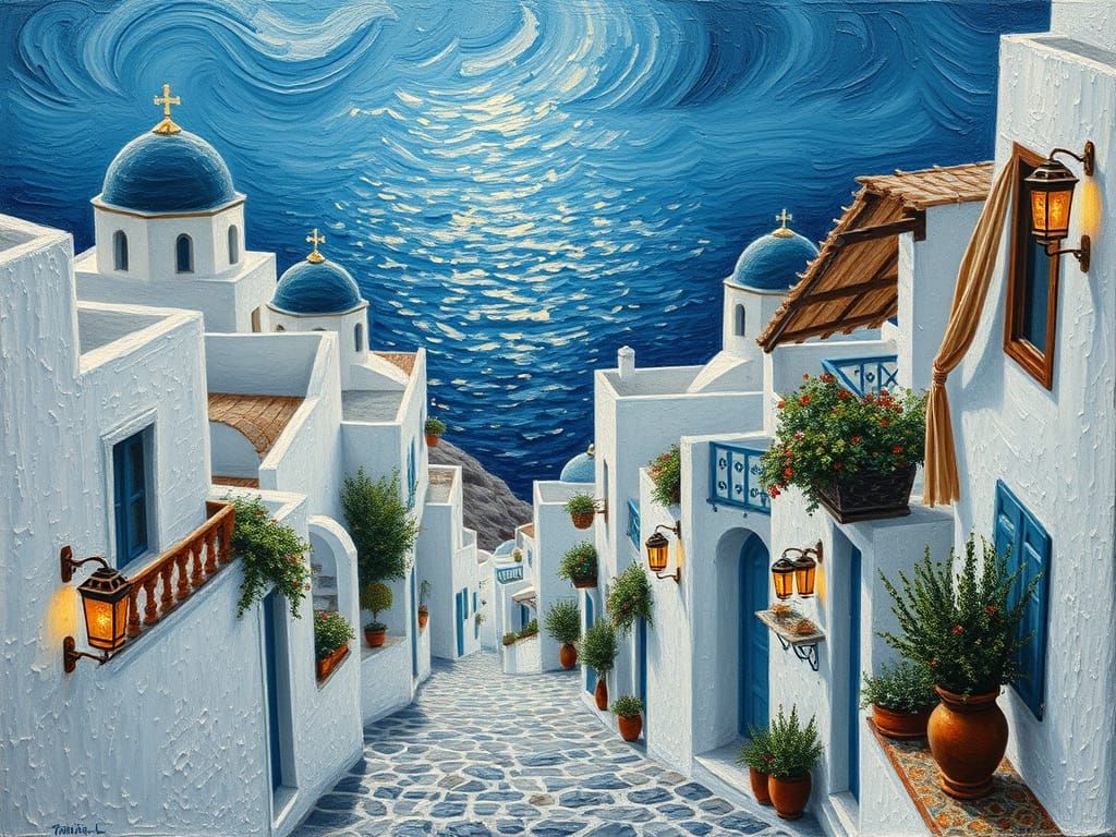 Santorini Village as Klimt-Inspired Impasto Oil Painting