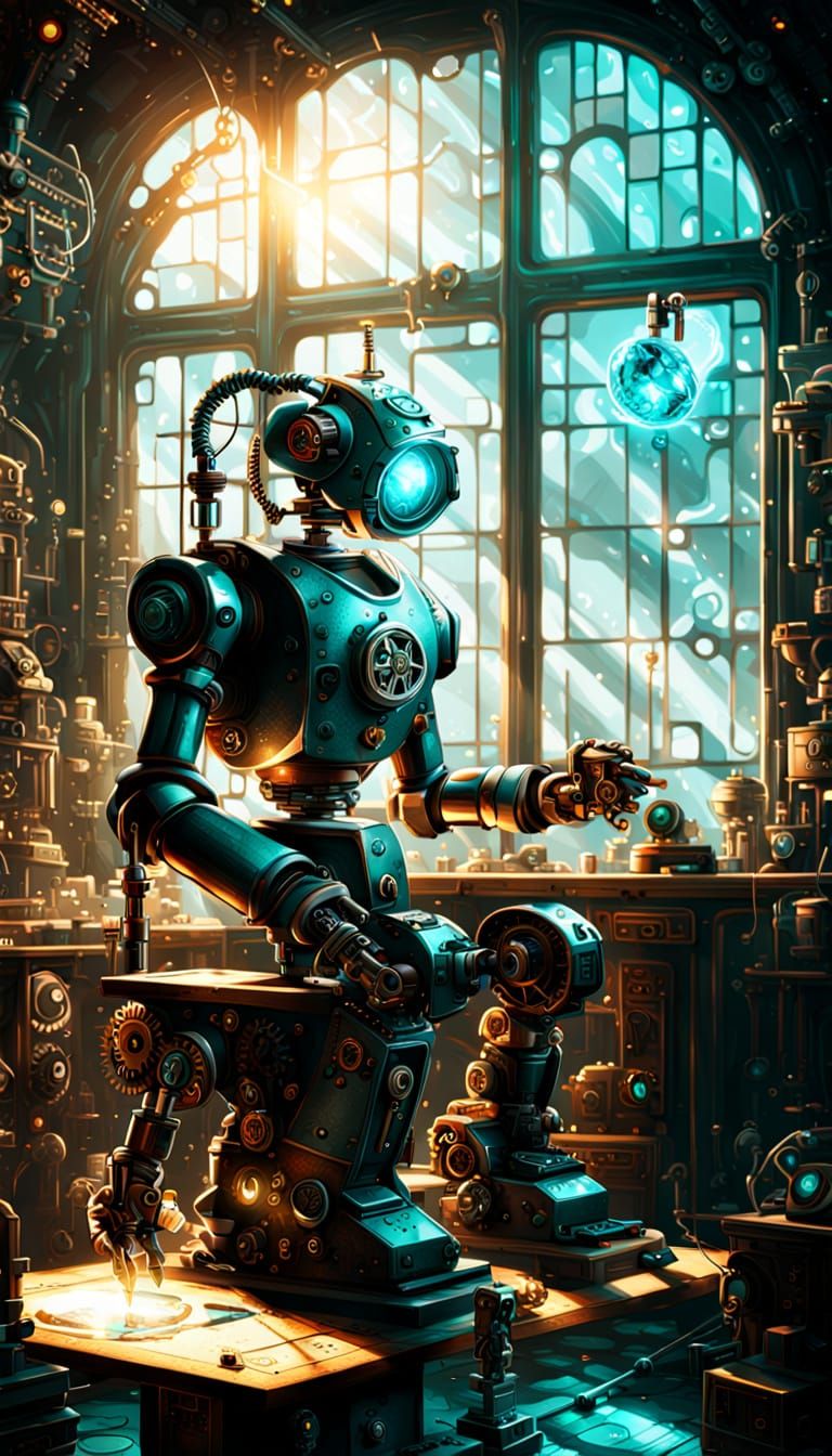 Steampunk Robot Polishing Gemstone: Baroque Style