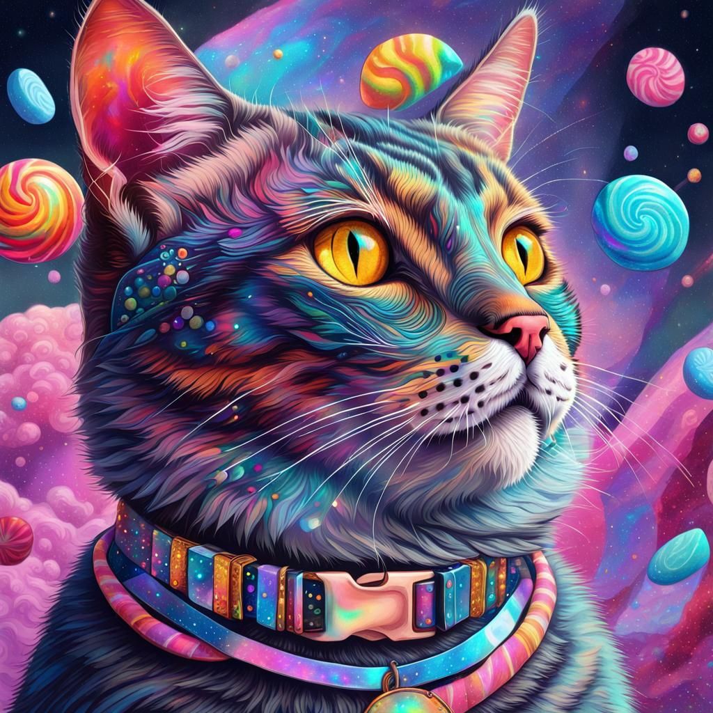 A cosmic candy pastel cat