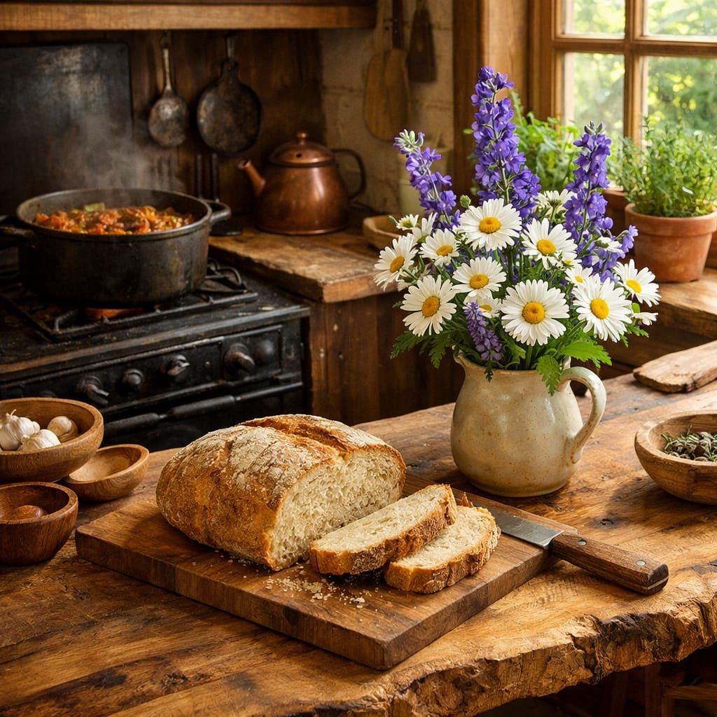 Cozy Rustic Kitchen with Live Edge Wood and Daisy Accents