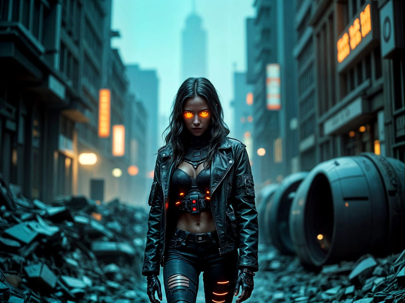 Cyborg Goddess in Ruins of Futuristic Metropolis