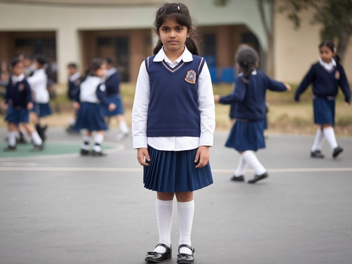 Indian Schoolgirl in Playground with Blue Skirt and White Bl...