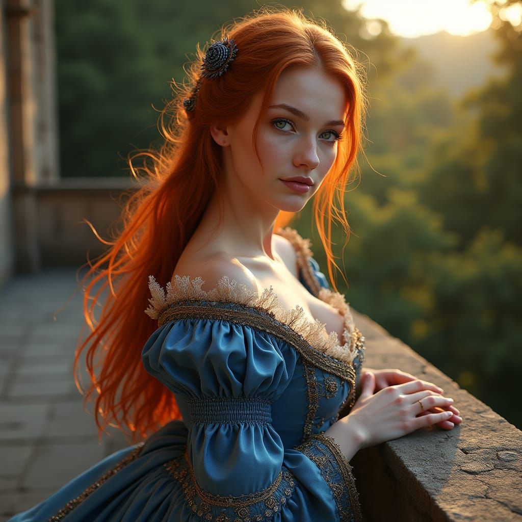 Renaissance Woman with Red Hair on Balcony